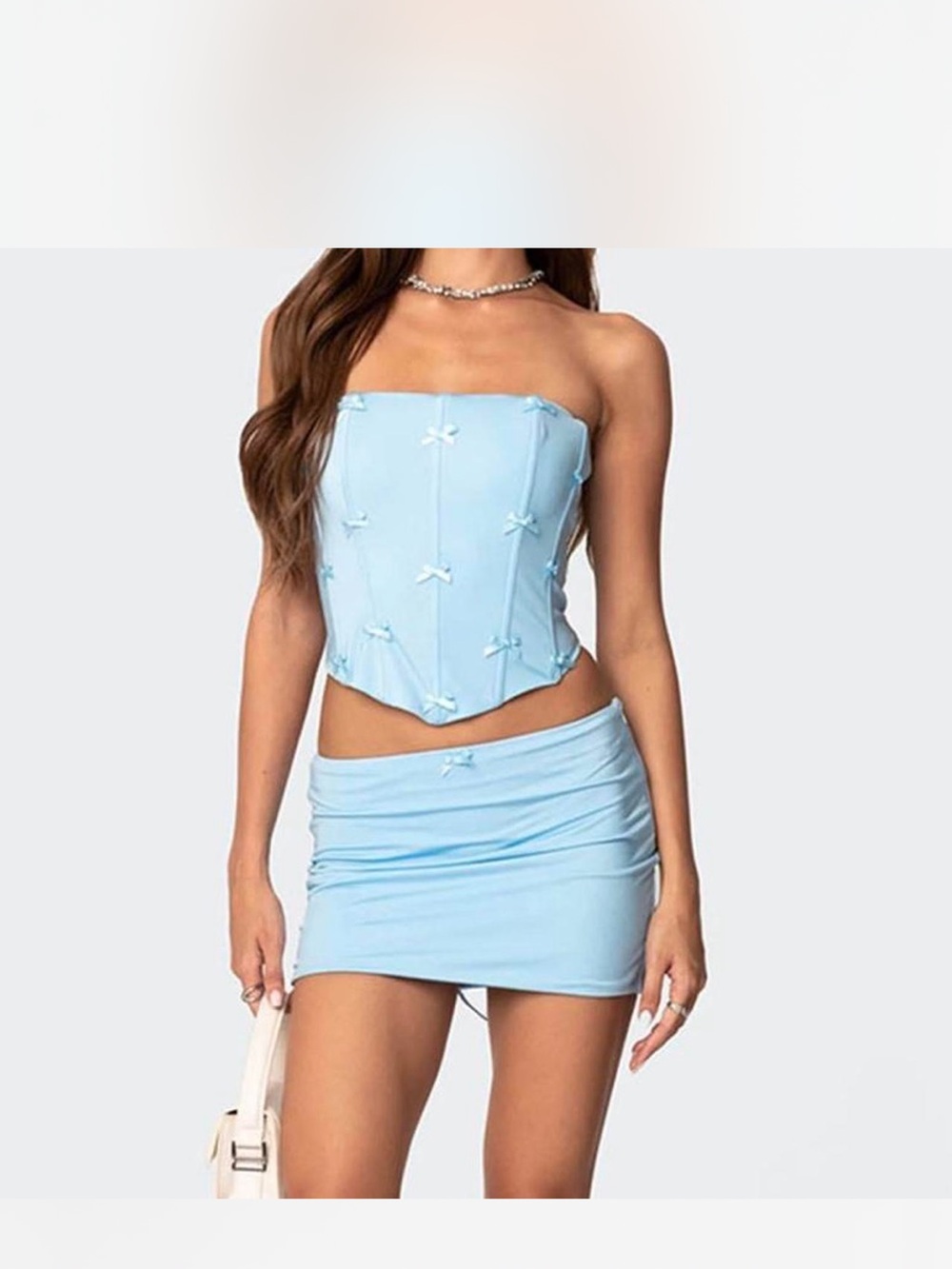 Edikted Lucinda bow detail corset and mini skirt set